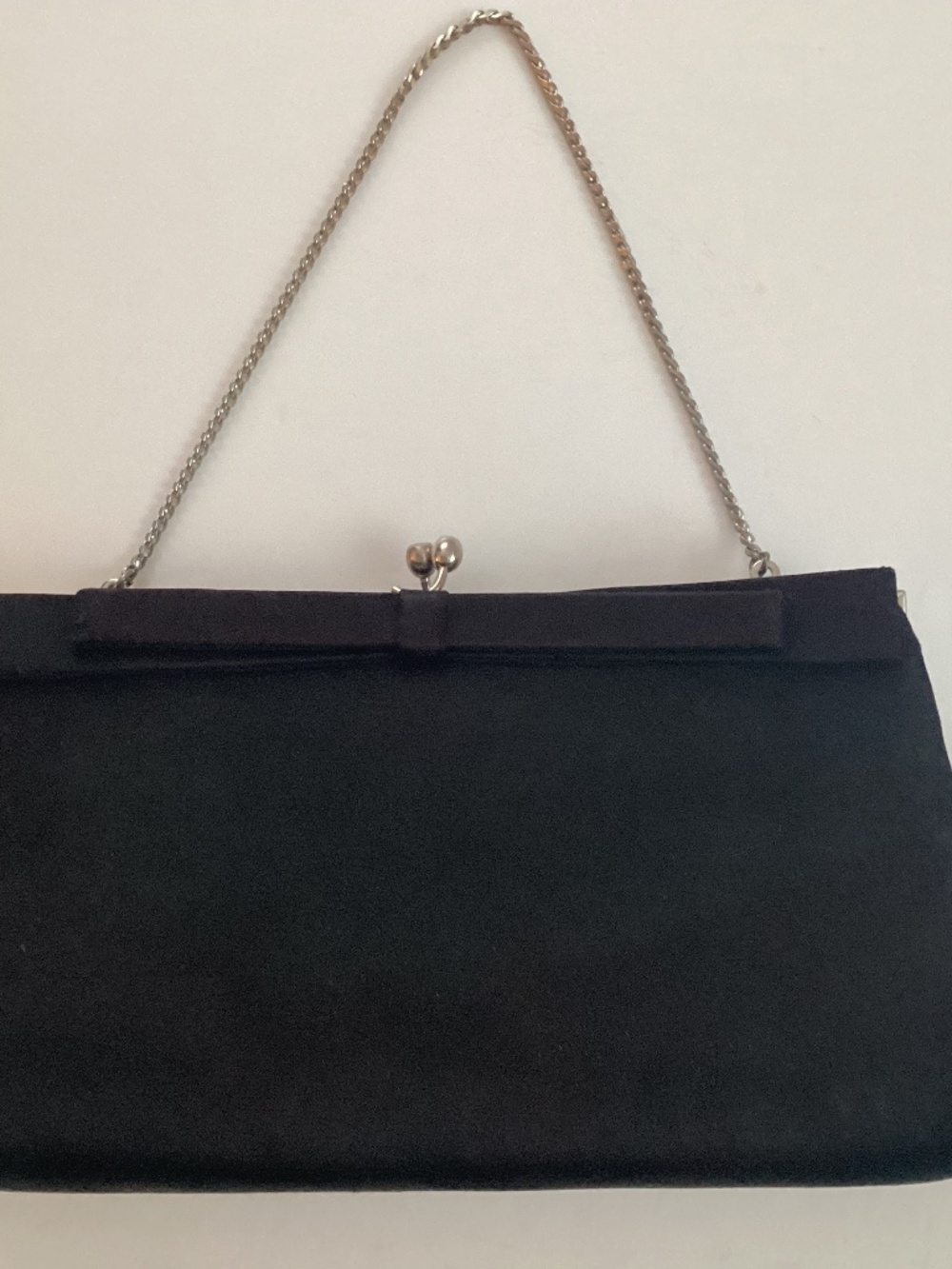Vintage Black Satin Clutch with Bow and Silver Chain Strap 10”x5.5”